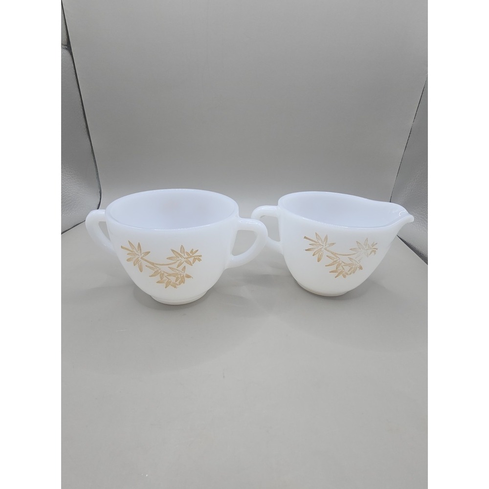 1959, Federal Glass White Milkglass "Golden Glory" Creamer & Sugar Bowl USA